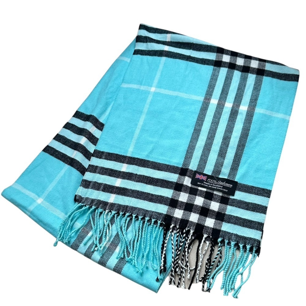 100% Cashmere Made In Scotland Blue Plaid Scarf with Fringe